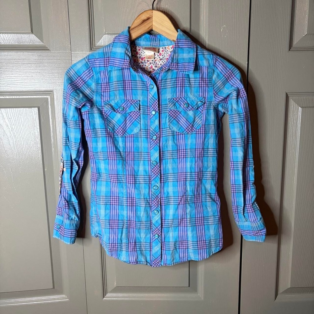 Mossimo Supply Co Blue Plaid Button Up Shirt Long Sleeve Roll Tab Women Size L